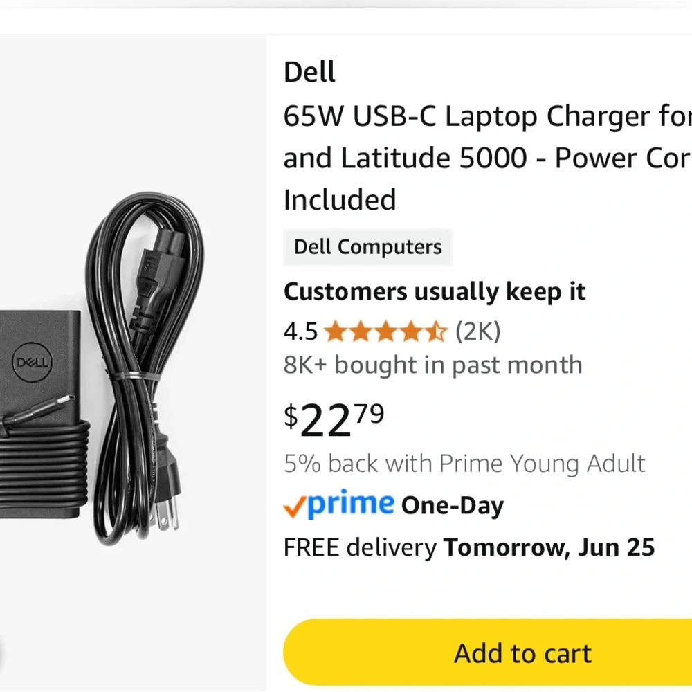 Dell Black 65W Power Adapter